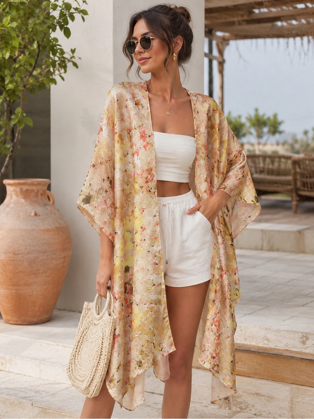 Floral Watercolor Kimono Duster in Soft Pastels